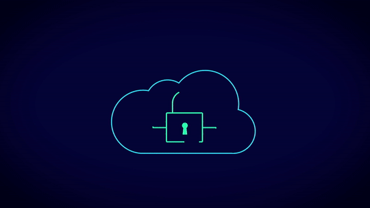 Animated graphic showing a connected global network, fading into a cloud icon with a lock for security