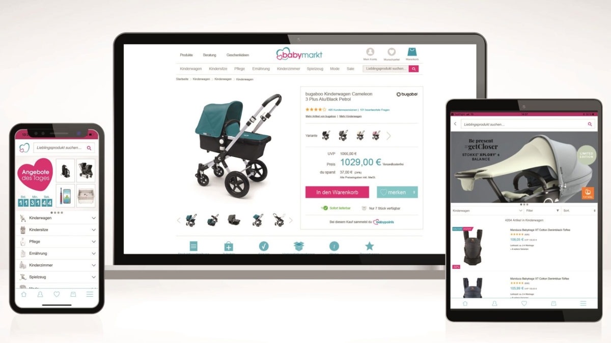 babymarkt shopping application displayed on 3 devices - a laptop, mobile phone, and tablet